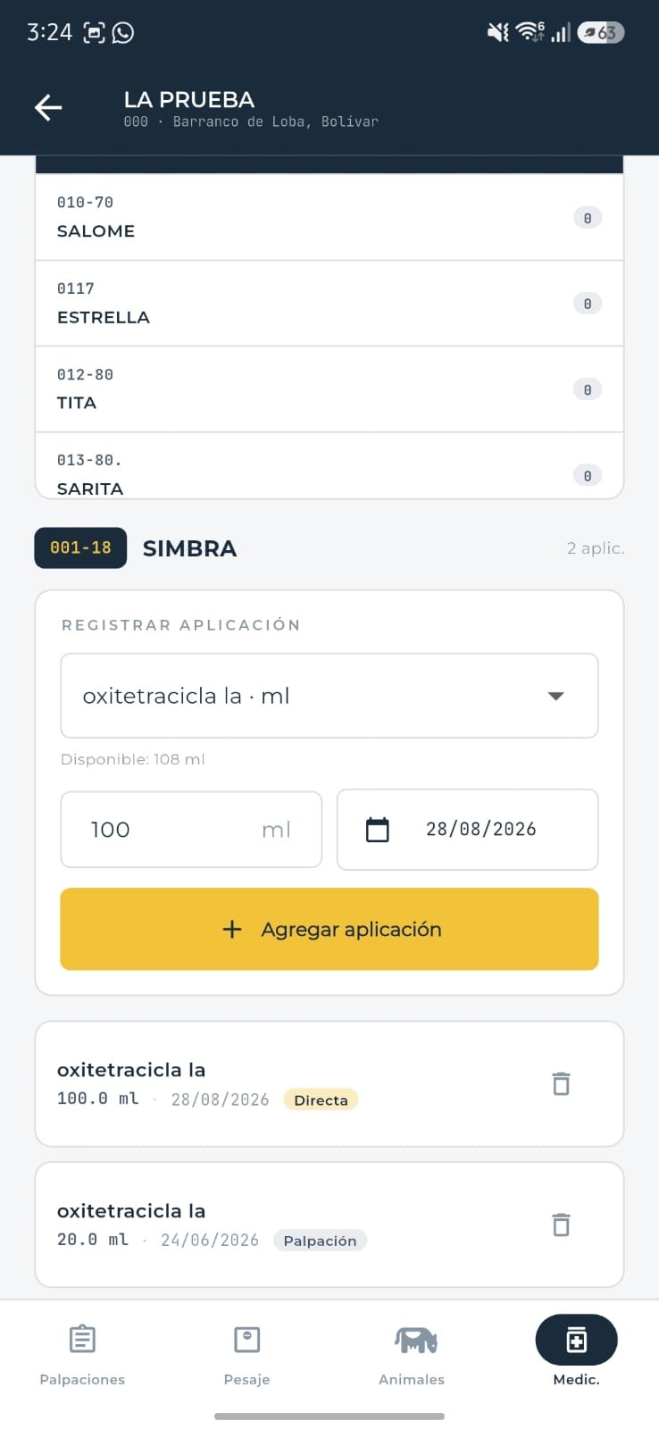 CowApp en el celular: registro de una aplicación de medicamento en el corral
